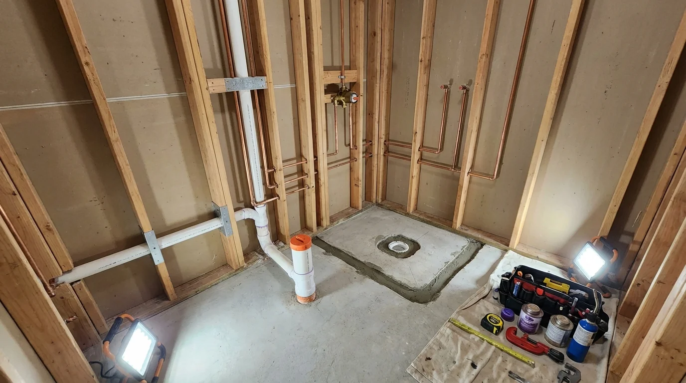 Bathroom rough-in plumbing during remodel by Johns Plumbing LLC in Exmore