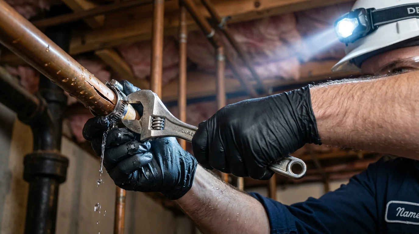 Emergency pipe clamp repair being performed by a Johns Plumbing LLC plumber in Exmore