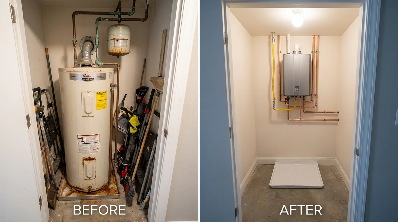 Tank water heater versus wall-mounted tankless unit comparison for Exmore, VA homeowners