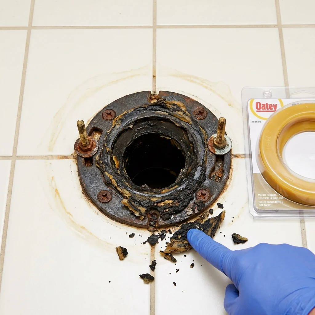 Failed wax ring showing water seepage at the base of a toilet in a Exmore, VA home