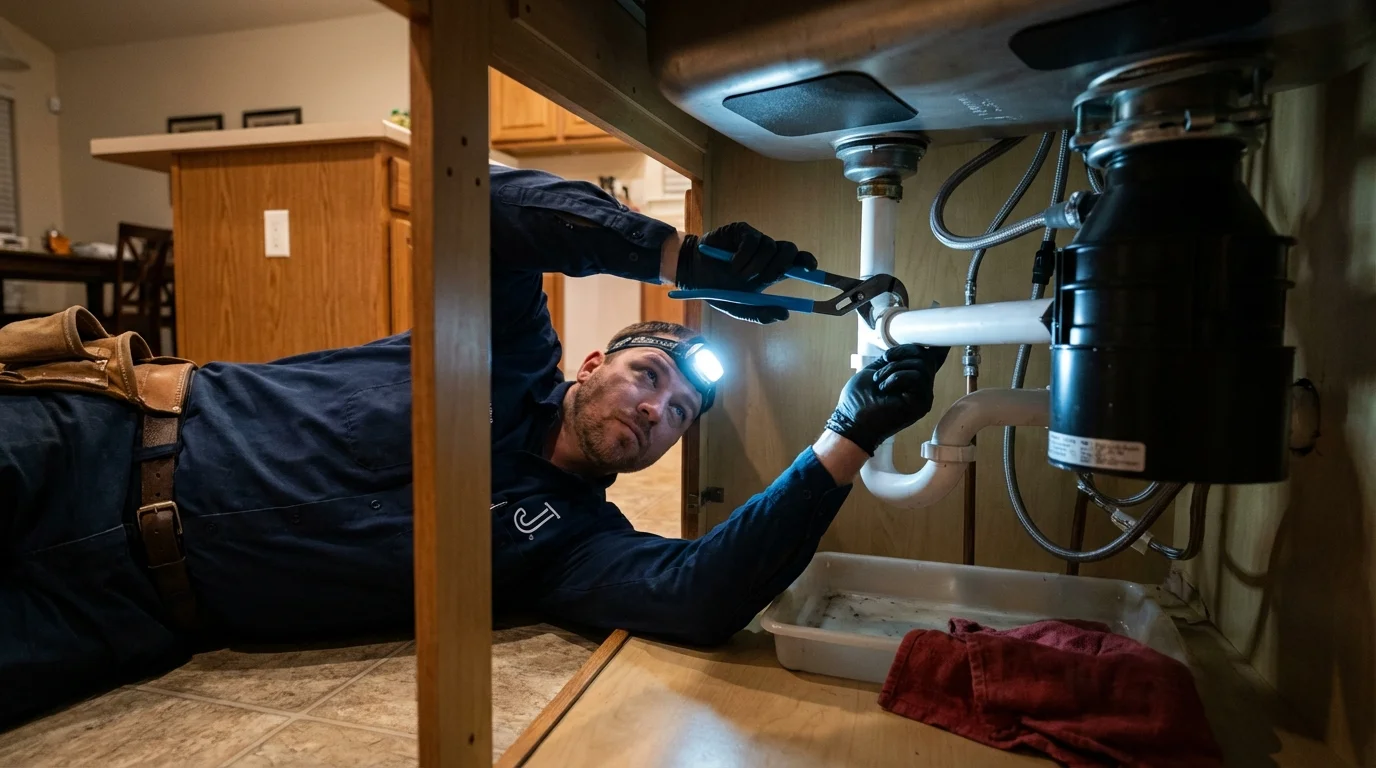 P-trap and supply line connections under a kitchen sink showing a common leak point in Exmore, VA